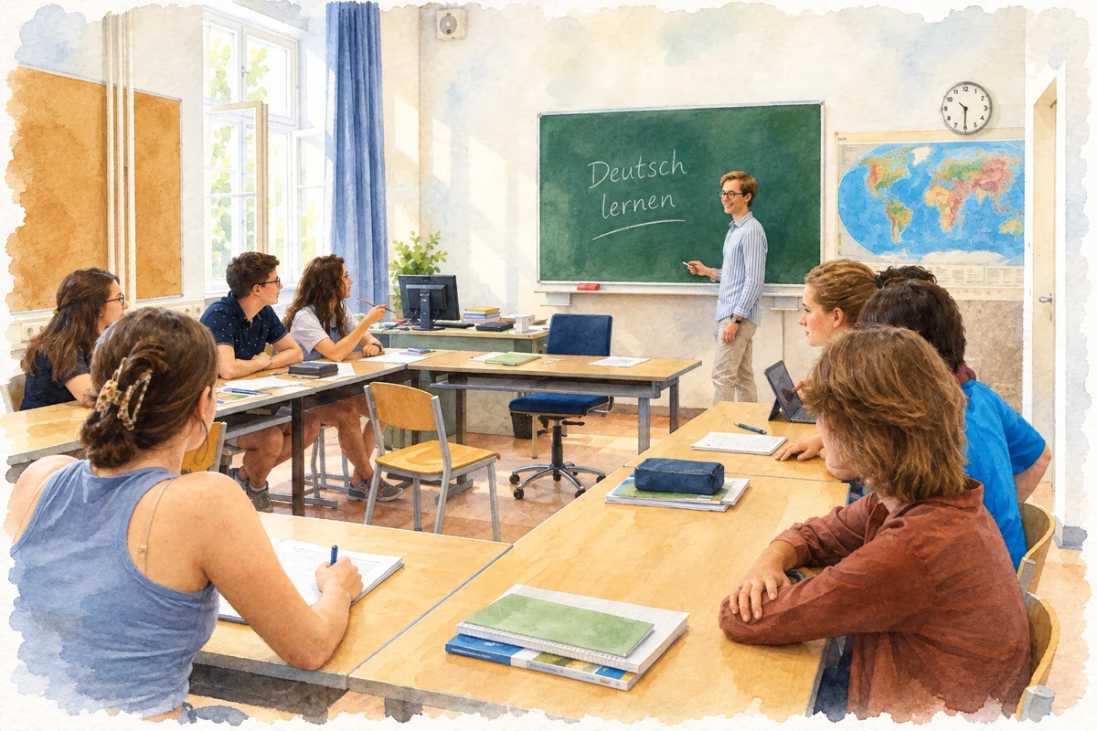 Занятие немецким языком: преподаватель у доски и студенты в классе